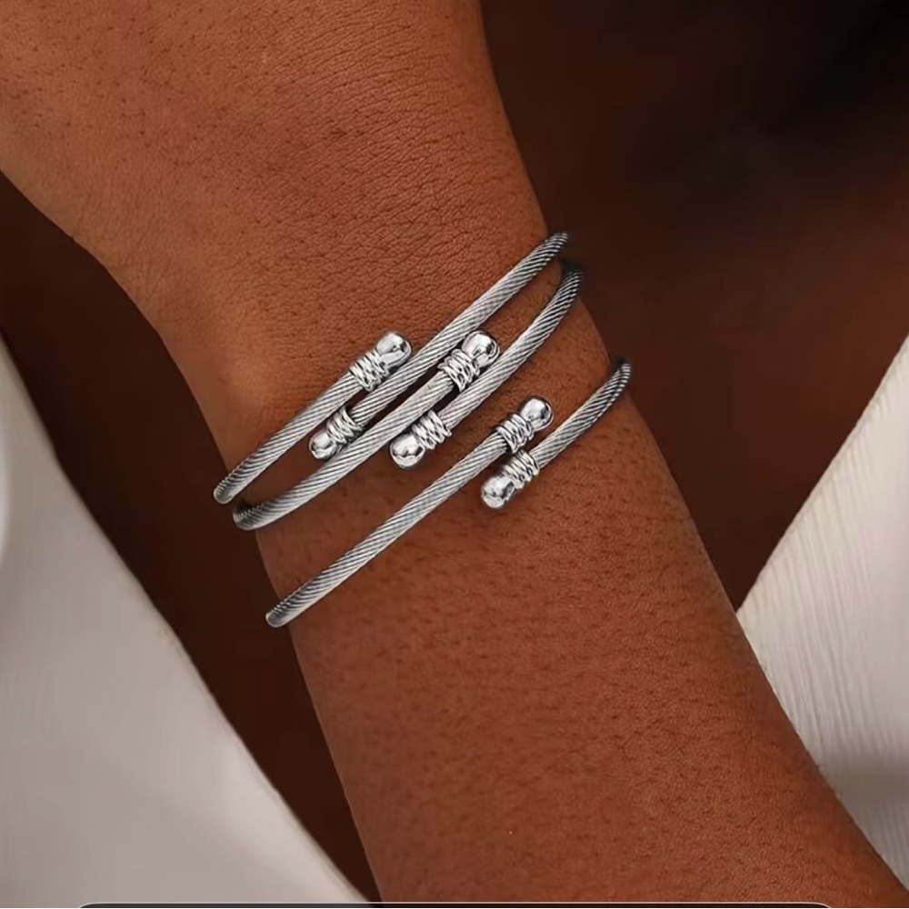 3 pc Titanium Stainless Steel Silver Elegant Women's Trio Bracelet Set